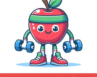 PNG-Cliparts zum Thema Gewichtheben mit Apfelmotiv, Grafik für Fitness mit starkem Apfelmotiv, Illustration für einen gesunden Lebensstil,