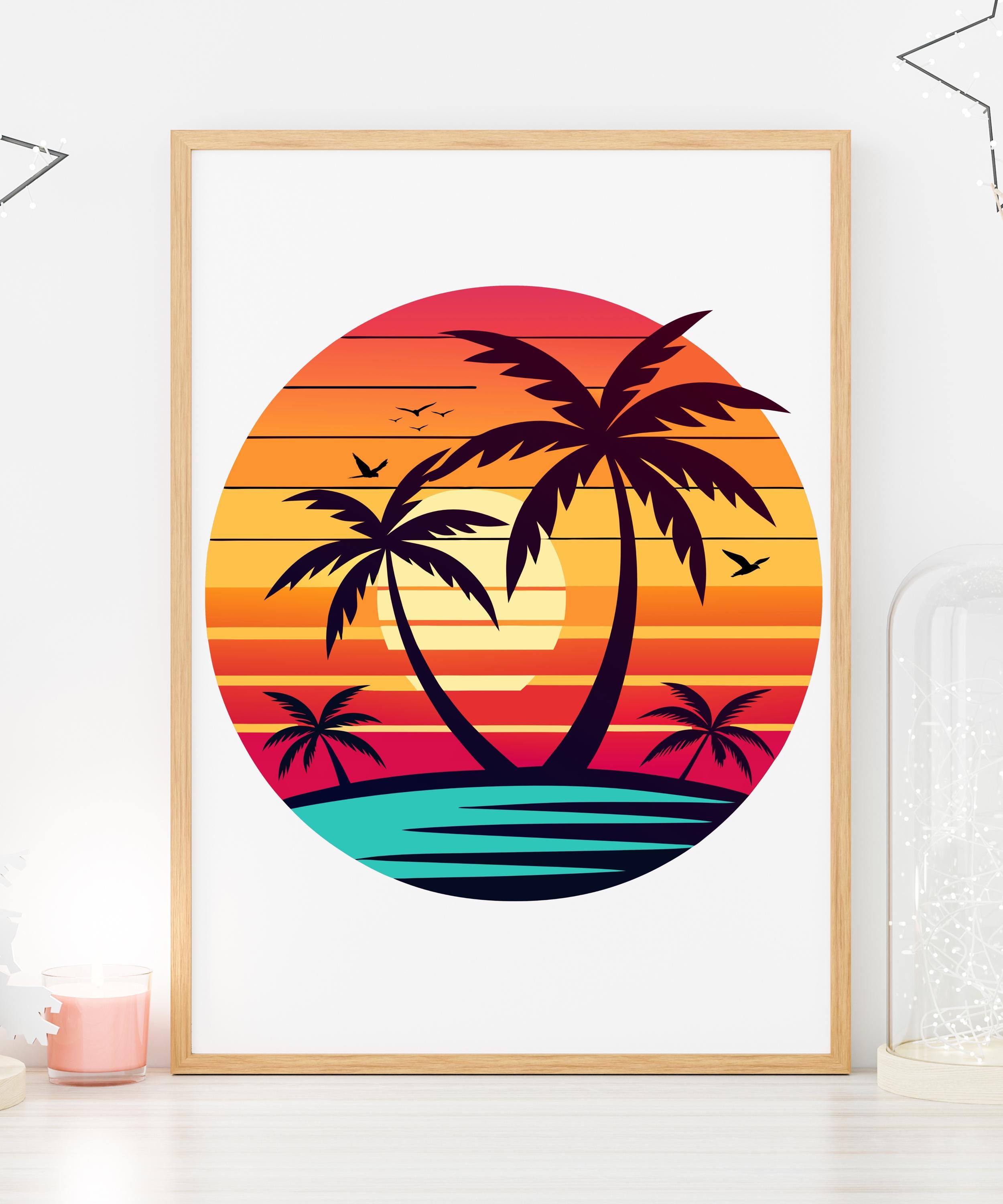 Retro Palm Tree Sunset Graphic: Coastal Summer Clipart (digital ...