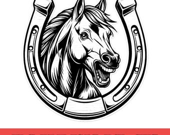 Tête de cheval et fer à cheval SVG, illustration équestre western, clipart style campagnard (téléchargement numérique)