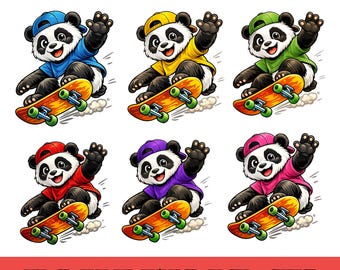 Panda Skateboarder Clipart, Cartoon Animal Skate Graphic (Digital Download)