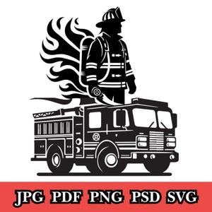 炎を操る消防士のSVG、消防士のシルエットクリップアート、ヒーロー消防士のグラフィック、消防士と消防車の炎のシルエットSVG、デジタルダウンロード