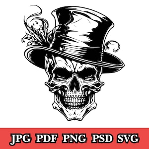 Puede incluir: Ilustración en blanco y negro de una calavera con sombrero de copa y adornos florales. Incluye opciones de tipo de archivo: JPG, PDF, PNG, PSD y SVG.