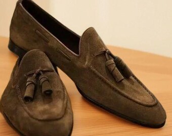 New Handmade Pure Brown Suede Leather Stylish Tassels Loafer Shoes for Men's