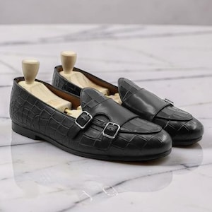 Men's Black Croc Embossed Double Monk Strap Loafers Handmade Leather Dress Shoes