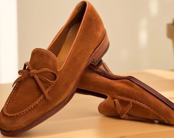 Handmade Pure Tan Suede Leather Shoes Stylish Loafer Shoes for Men's