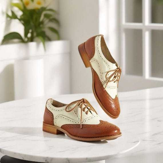 Handmade Women's Half White and Tan Leather Oxford Wingtip Lace up Dress Shoes