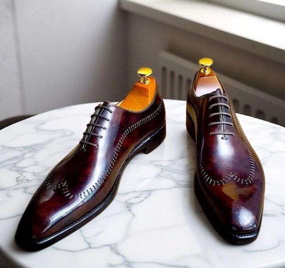 Classic Men\'s Burgundy Brown Leather Dress Shoes Burgundy Oxford Dress Shoes for Men. – HolloMen main image 4