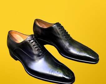 Handmade men black leather oxford shoe men dress up brogue shoe