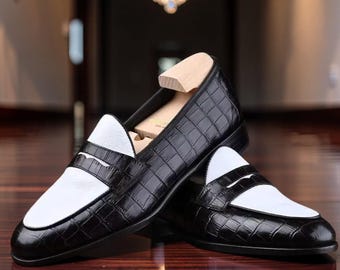 Men's handmade two tone white and black penny loafers, men's dress shoes for party and formal shoes