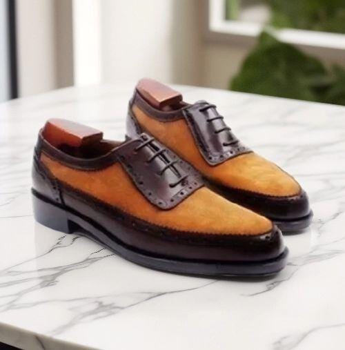 Handmade Brown Leather & Suede Leather Two Tone Laces Formal  display picture 1