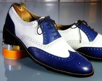 Men Genuine Handmade Leather Shoes Two Tone Brogue Wingtip Lace Up Oxford Dress
