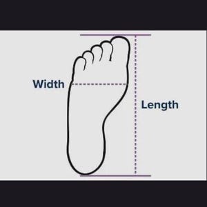 Puede incluir: Un dibujo de l&iacute;neas en blanco y negro de la silueta de un pie humano. Una l&iacute;nea horizontal discontinua etiquetada como Width cruza la parte m&aacute;s ancha del pie. Una l&iacute;nea vertical discontinua etiquetada como Length indica la longitud.