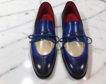 Men’s Handmade Blue Leather Loafers – Two Tone Slip On Dress Shoes – Custom Made to Order