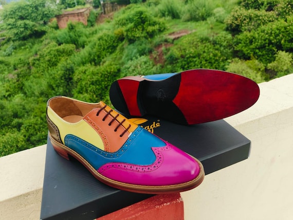 pink and blue dress shoes Handmade Wingtip Brogue Shoes: Multi-color Leather Select Shoe Size:UK 4 / US 5