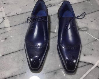 Handmade Navy Blue Leather Oxford Dress Shoes for Men, Classic Brogue Formal Lace-Up