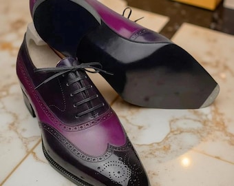 Handmade Men's Two Tone Leather Oxford Wingtip Brogue Lace Up Dress Shoes Men