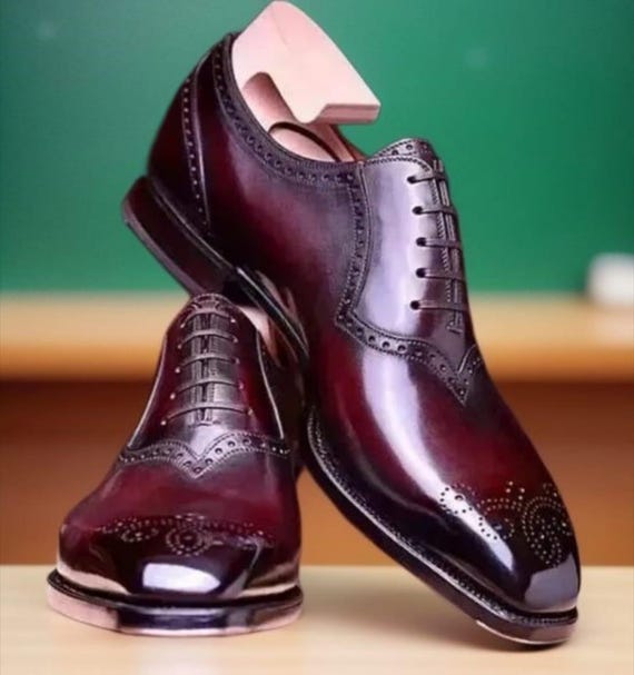 Burgundy Oxford Dress Shoes with Brogue Detailing and Polished Leather Handmade Burgundy Leather Wingtip Brogues: Men main image 2