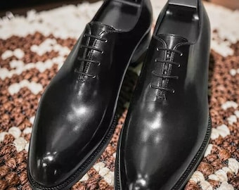 Handmade Black Wholecut Shoes, Men leather Oxford, Men Formal Dress Laceup Shoes