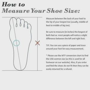 May include: An instructional graphic titled How to Measure Your Shoe Size featuring a black outline of a human foot. A diagonal line connects the heel to the longest toe, with a circle in the center and an X mark indicating measurement points.