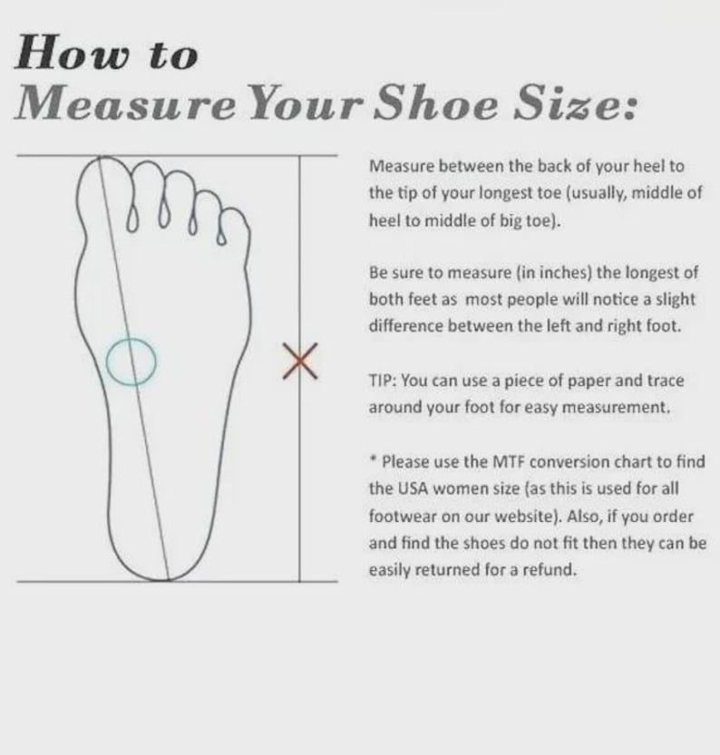May include: An instructional graphic titled How to Measure Your Shoe Size featuring a black outline of a human foot. A diagonal line connects the heel to the longest toe, with a circle in the center and an X mark indicating measurement points.