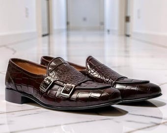 Handmade Men Brown Alligator Textured Leather Double Monk Shoes, Crocodile Texture Shoes