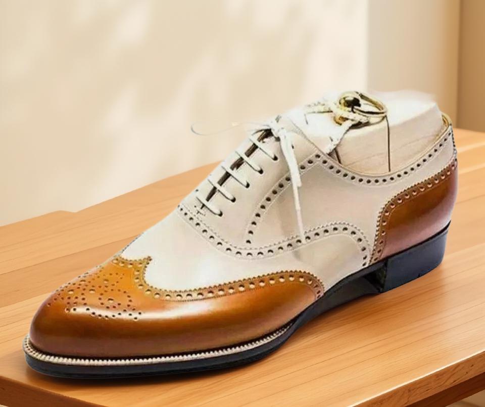 Handmade Two Tone Tan and Cream Leather Oxford Brogue Shoe  display picture 1