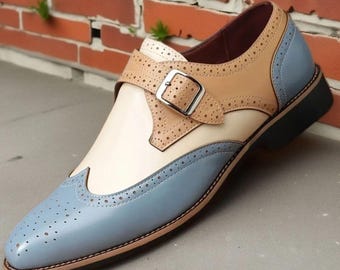 Handmade Two-Tone Leather Single Monk Brogue Dress Shoes