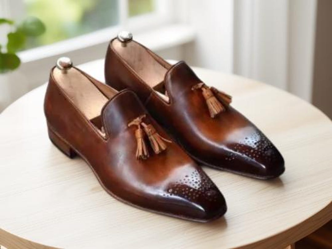 Genuine Leather Cognac Brown Slip on Men's Dress Shoes Loafers With Tassel