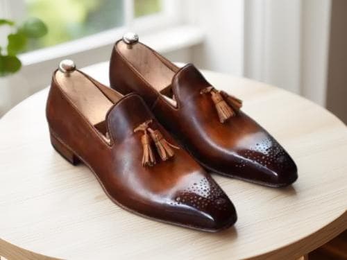 Genuine Leather Cognac Brown Slip On Men's Dress Shoes Loafers With Tassel