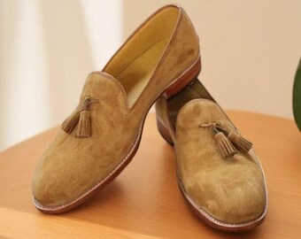Handmade Beige Suede Tassel Loafers: Men's Formal Dress Shoes