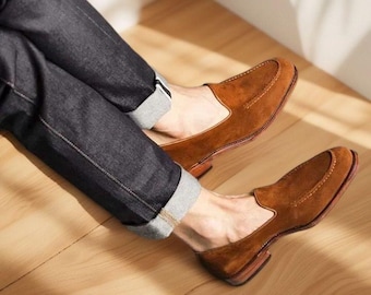 Handmade Men's Tan Formal Loafer Slip On Dress Shoes, Real Suede Office Shoes