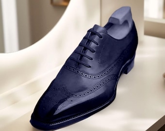 navy blue lace dress shoes Navy/Ligh Blue Men's Two-Tone Wingtip Oxford Dress Lace-Up Shoes-7054 13 / NAVY