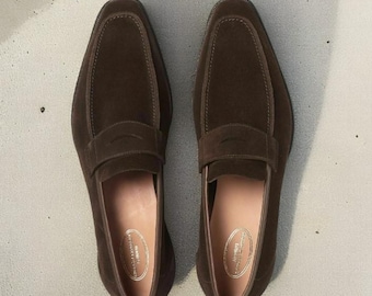 Zapatos hechos a mano para hombre, mocasines de ante marrón, forro de cuero, suela, botas formales sin cordones