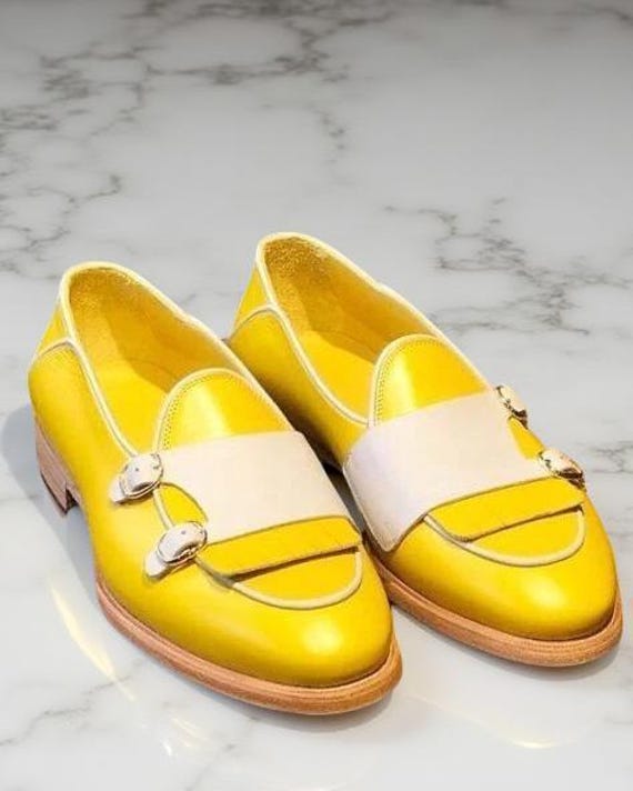Handmade men yellow and white monk shoes, formal dress leather office shoes mens
