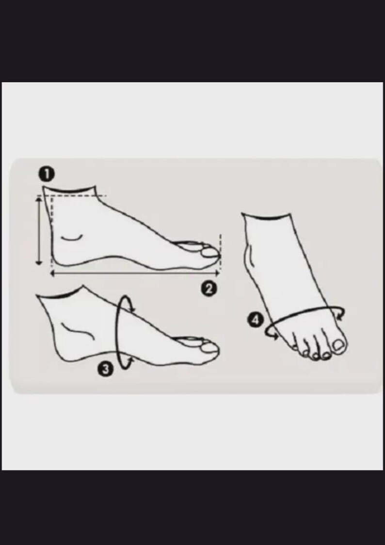 Puede incluir: Un diagrama instructivo en blanco y negro que ilustra c&oacute;mo medir un pie. El gr&aacute;fico presenta dibujos lineales de un pie con flechas numeradas que indican cuatro puntos de medici&oacute;n espec&iacute;ficos: altura, longitud, circunferencia del arco y ancho.