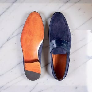 Handmade Mens Suede Pure Leather Blue Moccasin Dress Formal Loafer Shoes For Men