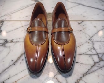 Custom Handmade Leather Monk Strap Shoes – Made to Order Genuine Leather Brown Dress Shoes