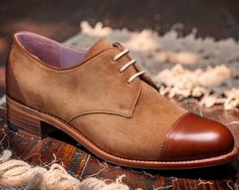 Men's Handmade Bespoke Two Tone Beige Suede And Tan Leather Formal Derby Shoes