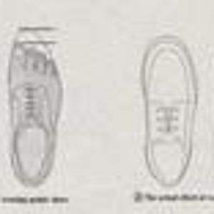 May include: A black and white line drawing showing two pairs of shoes and feet. The left pair shows a pointed shoe with a foot, labeled 1. The right pair shows a rounded shoe with a foot, labeled 2. The text reads: 1. The actual shoe is overlay inside shoe. 2. The actual shoe is overlay thread finish shoe.