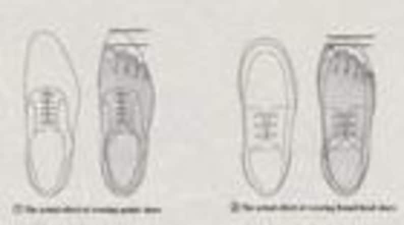 May include: A black and white line drawing showing two pairs of shoes and feet. The left pair shows a pointed shoe with a foot, labeled 1. The right pair shows a rounded shoe with a foot, labeled 2. The text reads: 1. The actual shoe is overlay inside shoe. 2. The actual shoe is overlay thread finish shoe.