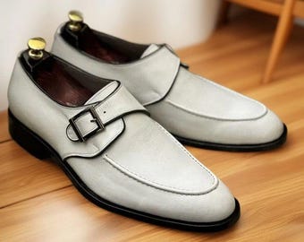 Handmade White Leather Monk Strap Shoes: Men's Formal Dress Shoes