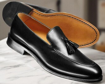 Men's Genuine Handmade Leather Shoe Black Loafer Tasseled Formal Dress Shoes
