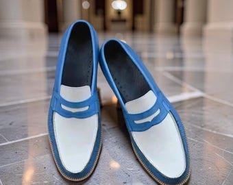 Mens Handmade Two Tone Leather Dress Shoes Formal Casual Dress Loafers For Men