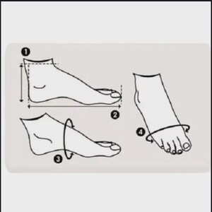 May include: A black and white instructional diagram illustrating how to measure a foot. The graphic features line drawings of a foot with numbered arrows indicating four specific measurement points: height, length, arch circumference, and forefoot width.