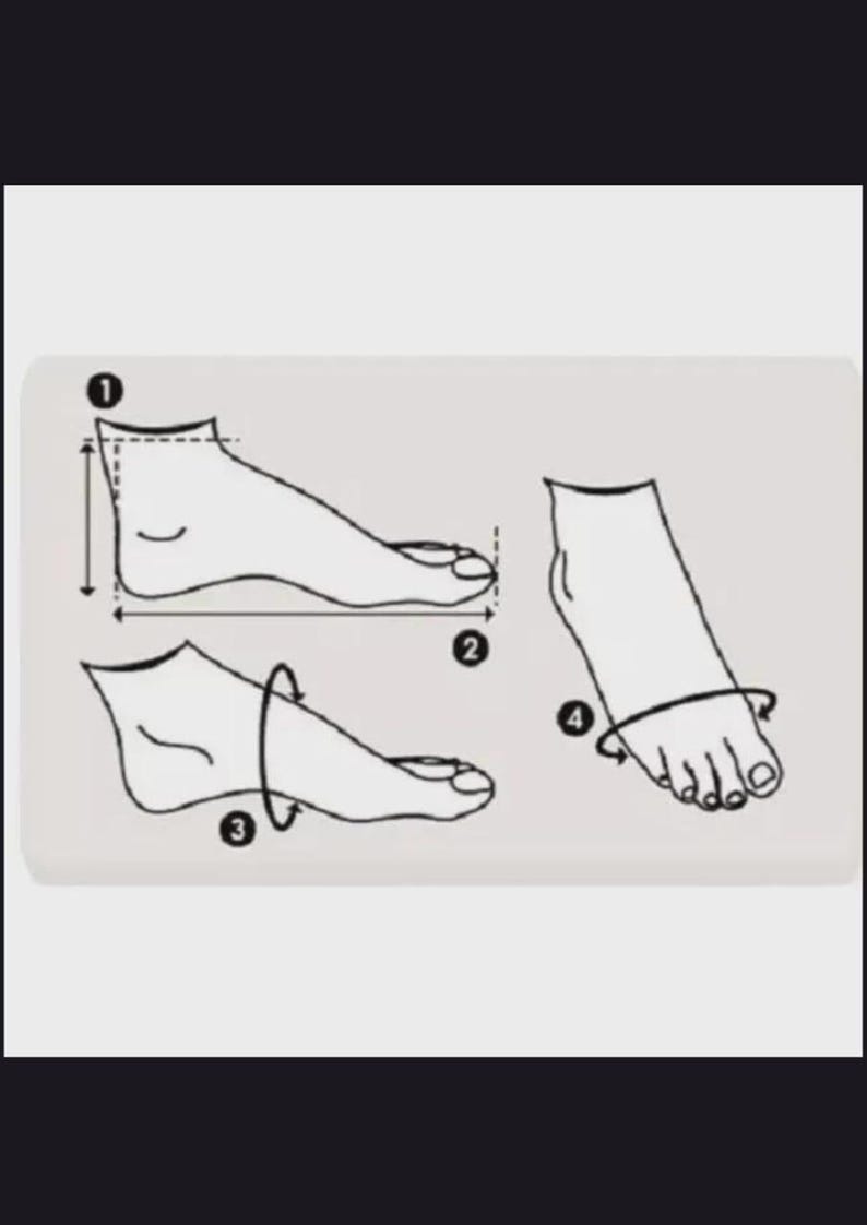 May include: A black and white instructional diagram illustrating how to measure a foot. The graphic features line drawings of a foot with numbered arrows indicating four specific measurement points: height, length, arch circumference, and forefoot width.