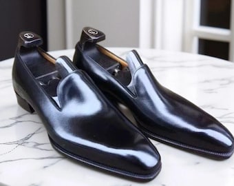 Bespoke Handmade Shoes Black Calf Leather Loafer Shoes slip on Office Party Shoe