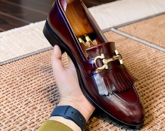 Men Leather Shoes Handmade Burgundy Loafer Bit with fringes Casual New Slip on