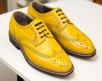 Men's Handmade Yellow Leather Lace-Up Oxford Wingtip Brogue Bespoke Shoes