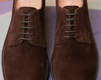 Chaussures habillées Oxford faites main en cuir suédé marron véritable à lacets pour hommes