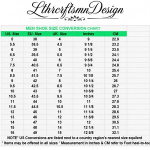 May include: A shoe size conversion chart titled LthrcftsmnDesign featuring a table with columns for US, EU, and UK sizes, along with measurements in inches and centimeters. The chart lists values from size 5 to 16, including a note about foot heel-to-toe.
